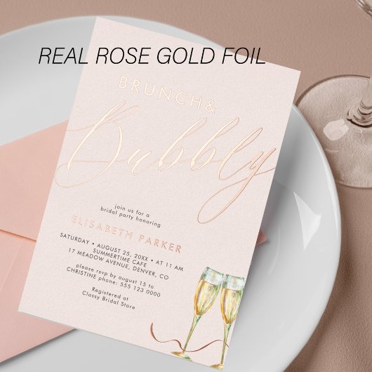 Blush champagne modern vrijgezellenfeest roos goud folie uitnodiging