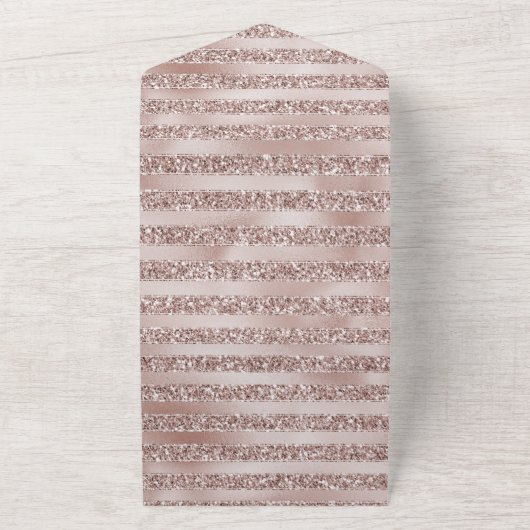 Blush Champagne Pink Glitter Glam Stripes Weddensc All In One Uitnodiging (Buitenkant)