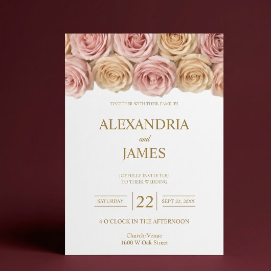 Blush & Champagne Rozen Bruiloft Kaart