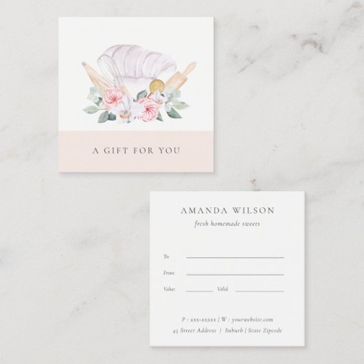 Blush Chef Pet Catering Floral Gift Certificate Vierkante Visitekaartje (Voorkant / Achterkant)