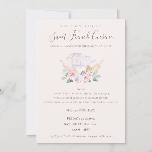 Blush Chef Pet Floral bakkerij Koken Klasse Invite Bedankkaart (Voorkant)