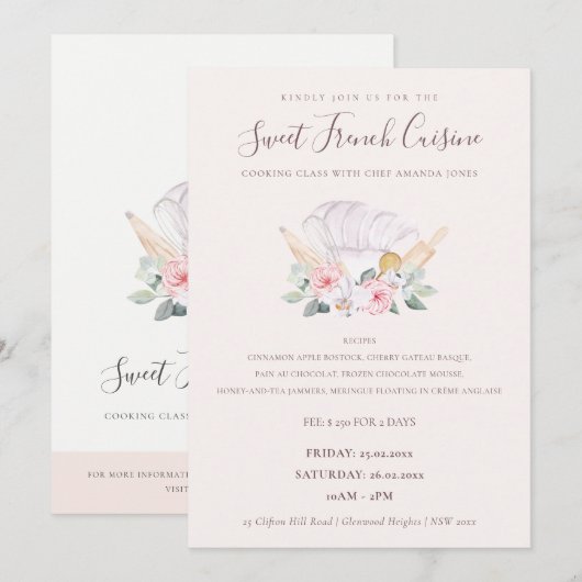 Blush Chef Pet Floral bakkerij Koken Klasse Invite Bedankkaart (Voorkant / Achterkant)