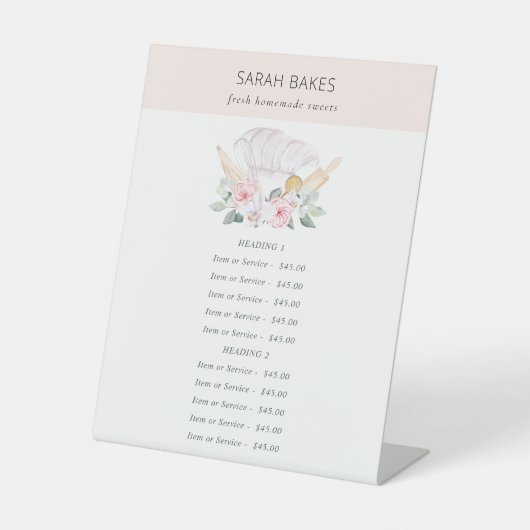 Blush Chef Pet Floral Whisk Bakery Service Price Reclamebord Met Voetstuk (Voorkant)