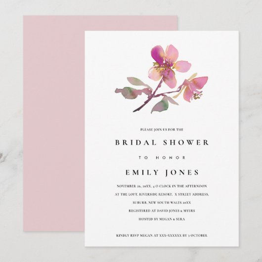 BLUSH CHERRY BLOSSOM FLORAL VRIJGEZELLENFEEST INVI BEDANKKAART (Voorkant / Achterkant)