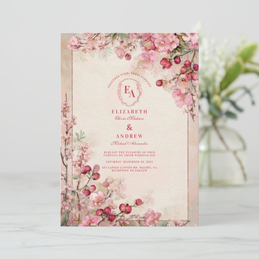 Blush Cherry Blossom Garden Wedding Kaart (Staand voorkant)