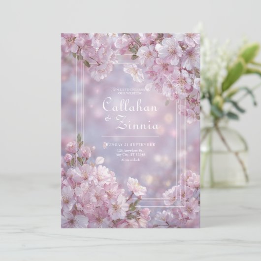 Blush Cherry Blossom Spring Wedding Kaart (Staand voorkant)
