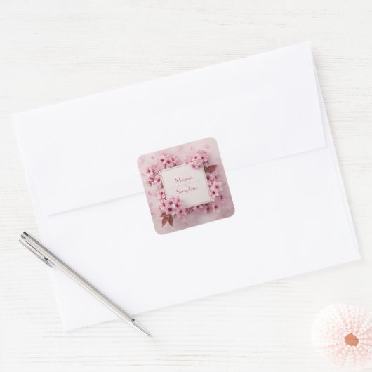 Blush Cherry Blossom Wedding Vierkante Sticker (Envelop)