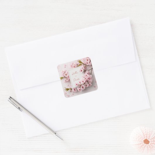 Blush Cherry Blossom Wedding Vierkante Sticker (Envelop)