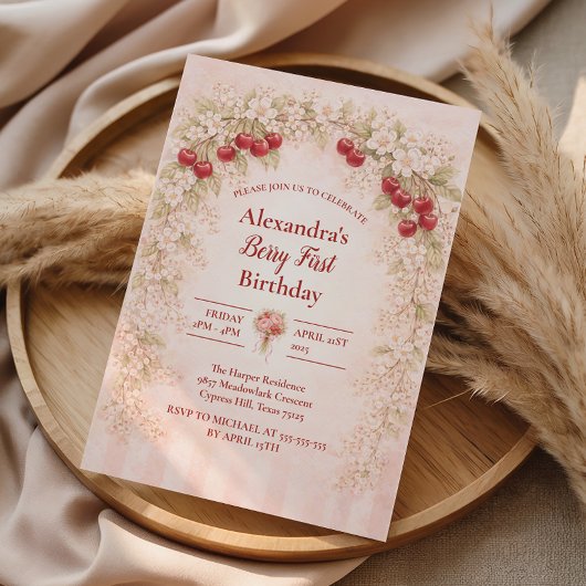 Blush Cherry Botanical Party 1st Birthday Kaart