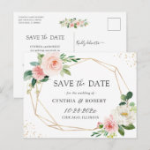 Blush Chic Floral Gold Geometric Save the Date Briefkaart (Voorkant / Achterkant)