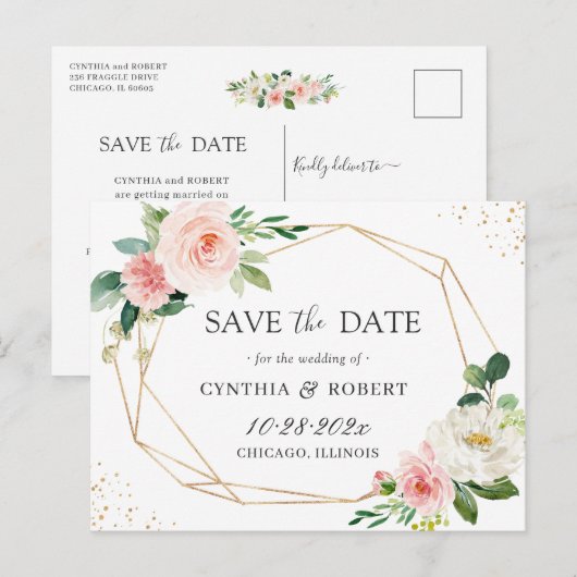 Blush Chic Floral Gold Geometric Save the Date Briefkaart (Voorkant / Achterkant)