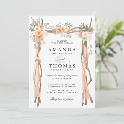 Blush Chic Floral Wedding Arch Thleed Uitnodiging (Staand voorkant)