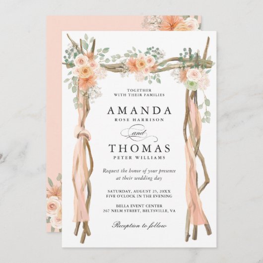 Blush Chic Floral Wedding Arch Thleed Uitnodiging (Voorkant / Achterkant)