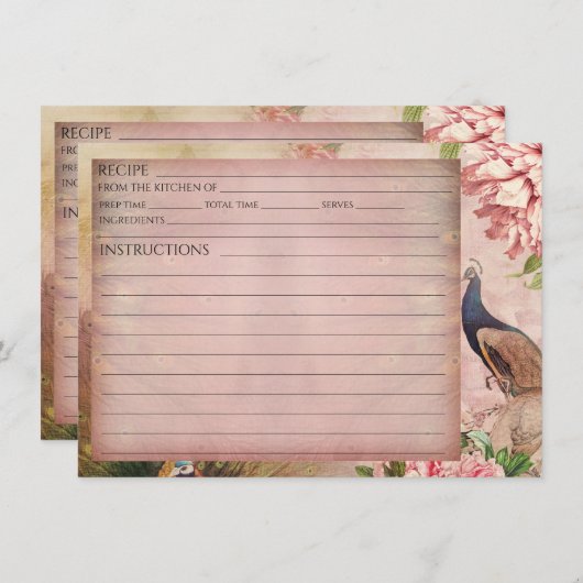 Blush Chinoiserie Peacock Peony Bridal Recipe Kaar Kaart (Voorkant / Achterkant)