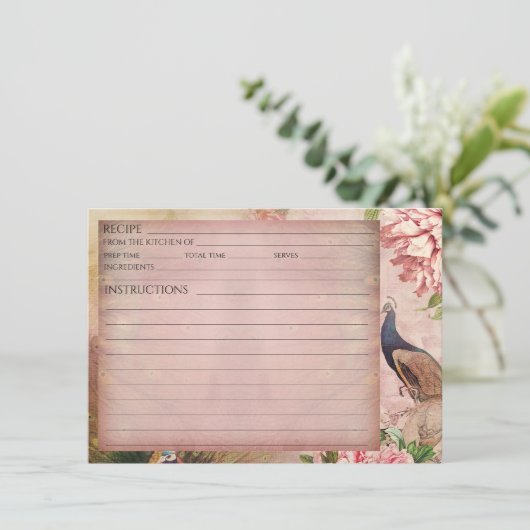 Blush Chinoiserie Peacock Peony Bridal Recipe Kaar Kaart (Staand voorkant)