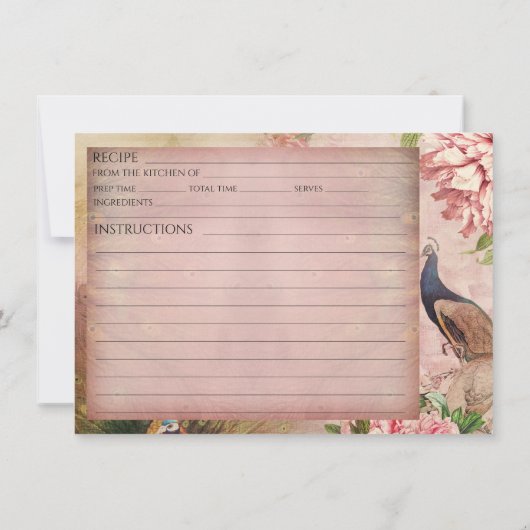 Blush Chinoiserie Peacock Peony Bridal Recipe Kaar Kaart (Achterkant)