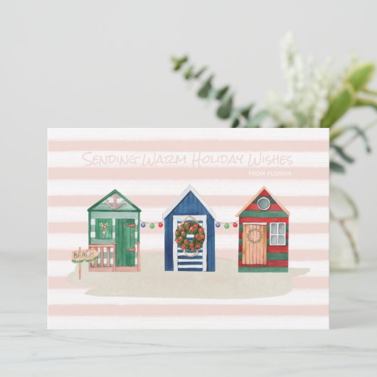 Blush Coastal Beach Wishes Beach Huts Holiday Feestdagenkaart (Staand voorkant)