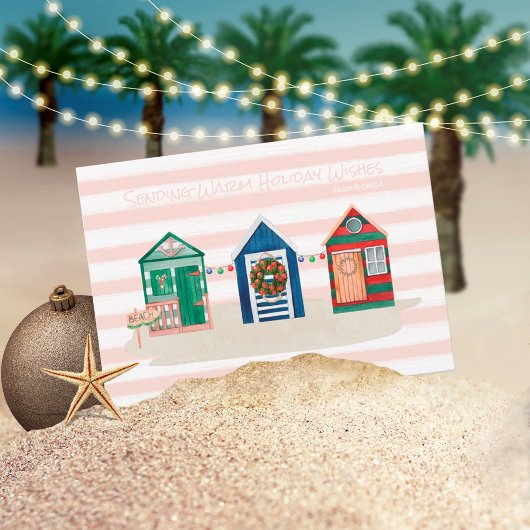 Blush Coastal Beach Wishes Beach Huts Holiday Feestdagenkaart