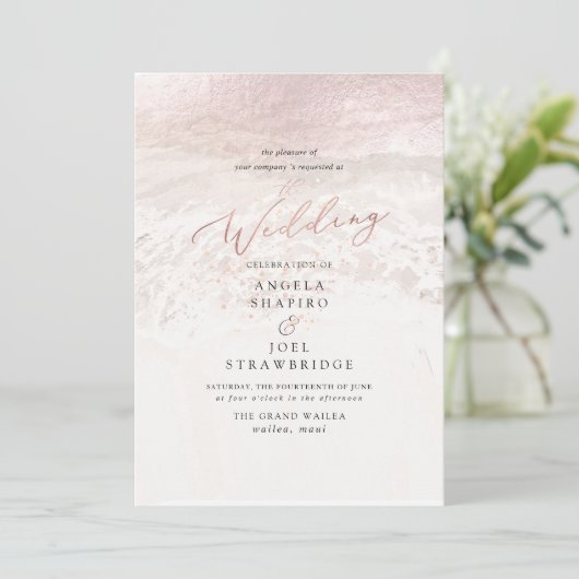 Blush Coastal + Champagne Bubbles Elegant Wedding Kaart (Staand voorkant)