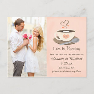 Blush Coffee Cup Monogram Hart Save the Date Aankondigingskaart