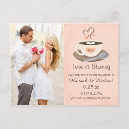 Blush Coffee Cup Monogram Hart Save the Date Aankondigingskaart