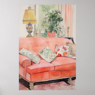 Blush Comfort – Waterverf Roze Bank Woonkamer Poster