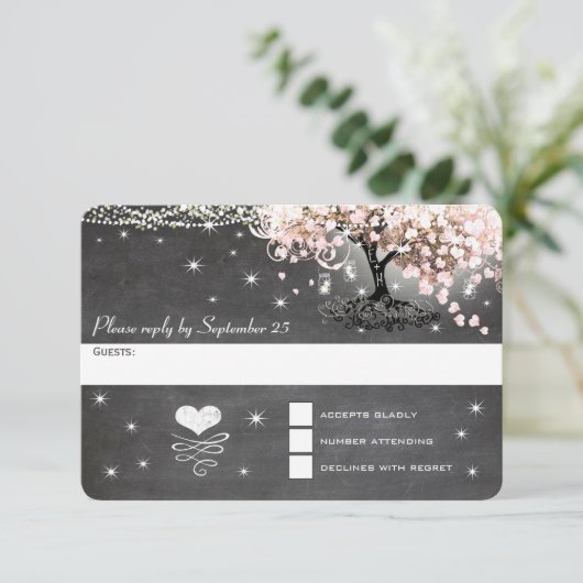 Blush Coral Chalkboard Pink Heart Leaf Tree RSVP (Staand voorkant)