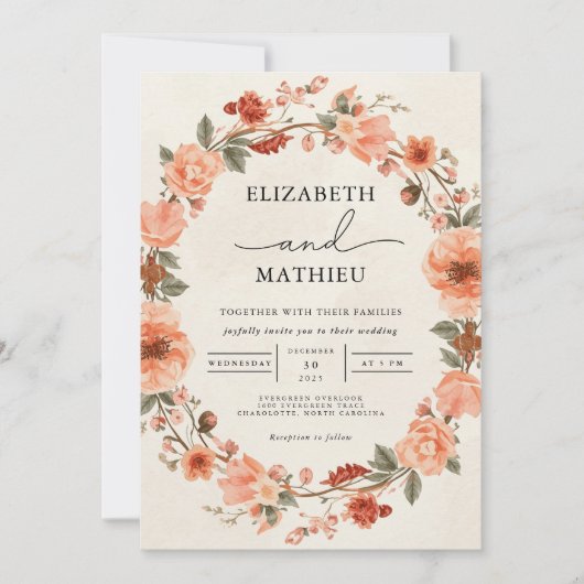 Blush Coral Floral Wreath Wedding Kaart (Voorkant)