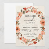 Blush Coral Floral Wreath Wedding Kaart (Voorkant / Achterkant)