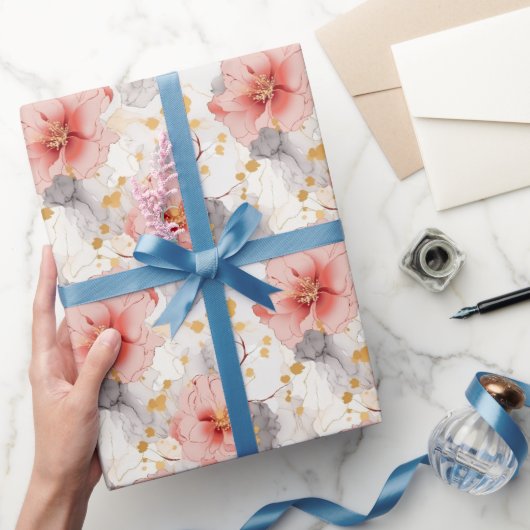 Blush Coral Grey Bloemen bruiloft Cadeaupapier (Geschenken)