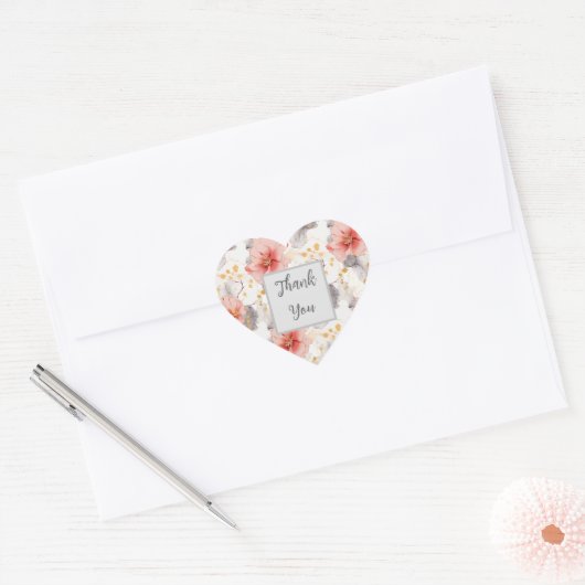 Blush Coral Grey Bloemen bruiloft Hart Sticker (Envelop)