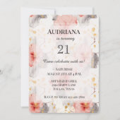 Blush Coral Grey Bloemen Verjaardag Kaart (Voorkant)