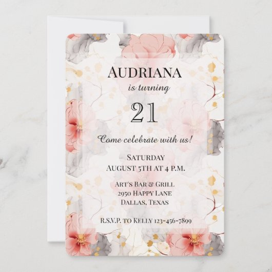 Blush Coral Grey Bloemen Verjaardag Kaart (Voorkant)