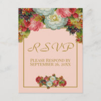 Blush Coral Pink Autumn Floral Wedding RSVP