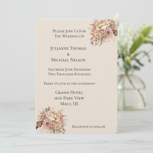 Blush Cream Boho Floral Wedding Kaart (Staand voorkant)