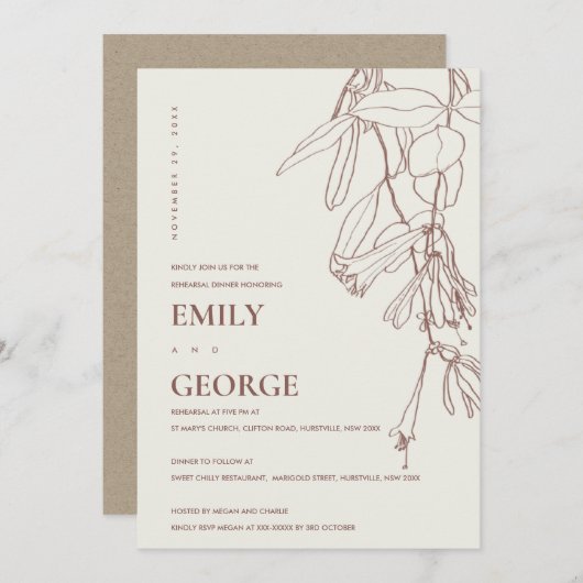 BLUSH CREAM DRAWING FLORAL REHEARSAL DINNER INVITE BEDANKKAART (Voorkant / Achterkant)