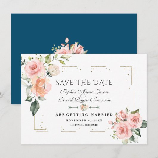 Blush Cream Floral Gold Glitter Lijst Weddenschap Save The Date (Voorkant / Achterkant)