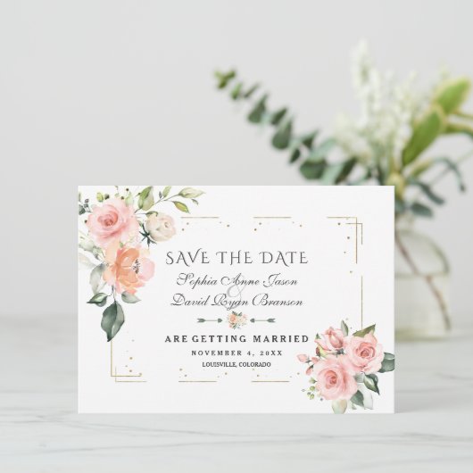 Blush Cream Floral Gold Glitter Lijst Weddenschap Save The Date (Staand voorkant)