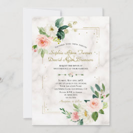 Blush Cream Floral Gold Glitter Marble Wedding Kaart