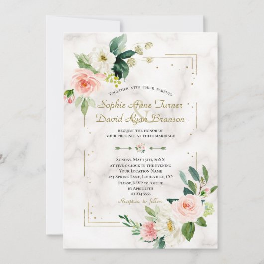 Blush Cream Floral Gold Glitter Marble Wedding Kaart (Voorkant)