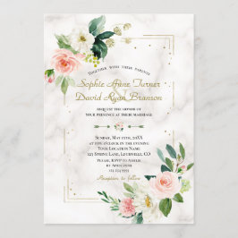 Blush Cream Floral Gold Glitter Marble Wedding Kaart