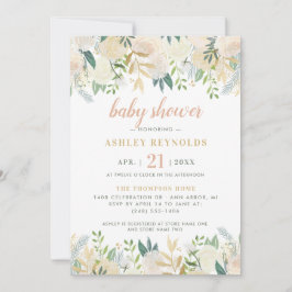 Blush Cream Gold Floral Greenery Girl Baby shower Kaart