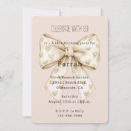 Blush Cream Hearts Bow Gold Glitter Birthday   Kaart