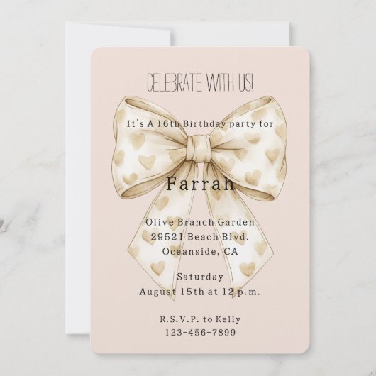 Blush Cream Hearts Bow Gold Glitter Birthday Kaart (Voorkant)