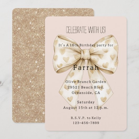 Blush Cream Hearts Bow Gold Glitter Birthday   Kaart (Voorkant / Achterkant)