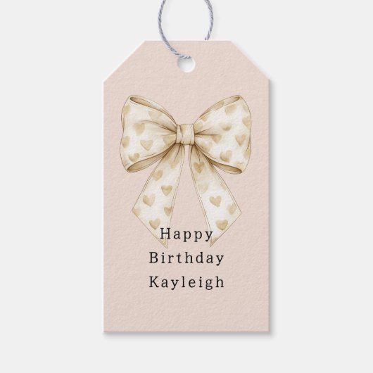 Blush Cream Hearts Bows Birthday Cadeaulabel (Voorkant)