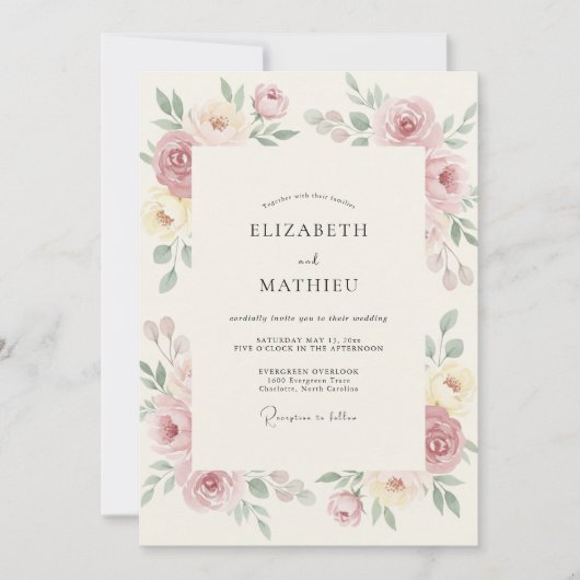 Blush Cream Romantische Bloemige Bruiloft Kaart (Voorkant)