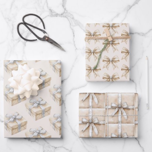 Blush Cream Silver Sparkle Bows Gifts Christmas Inpakpapier Vel (Voorkant)