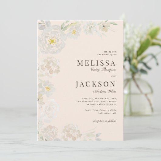 Blush & Cream Watercolor Rozen Perzik Huwelijksuit Kaart (Staand voorkant)