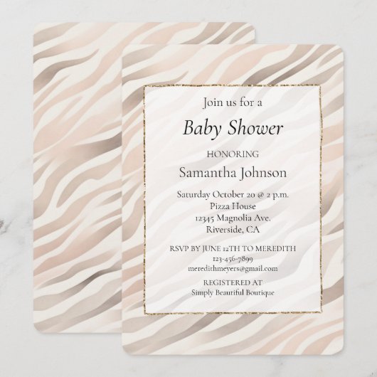Blush Cream Zebra Animal Print Baby shower Kaart (Voorkant / Achterkant)